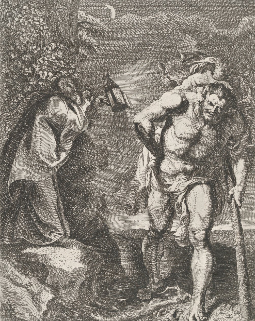 Szent Kristóf a Krisztus-gyermeket viszi át a patakon, egy másik férfi kezében egy ..., kb. 1636-80. alkotó: Remoldus Eynhoudts