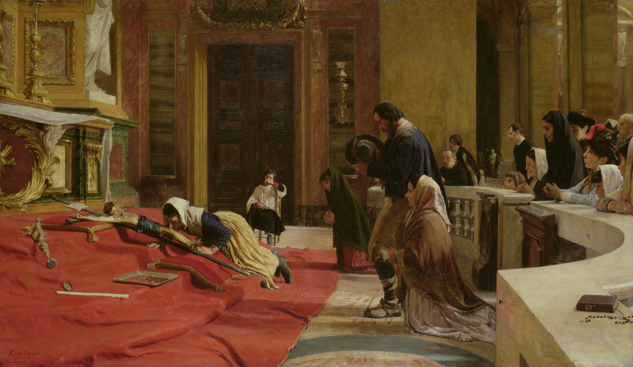 Kúszás a keresztre nagypénteken a San Carlo ai Catinari templomban, Rómában, 1884 alkotó: Remy Cogghe