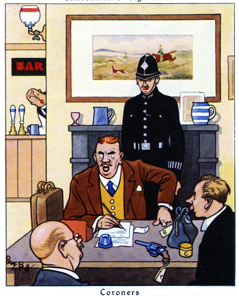 Halottkém, aki egy haláleset okát és körülményeit vizsgálja, 1936 alkotó: René Bull