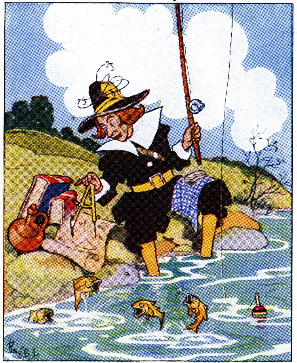 Izaak Walton halászat közben tanulmányozza Eukleidész szögeit, 1936 alkotó: René Bull