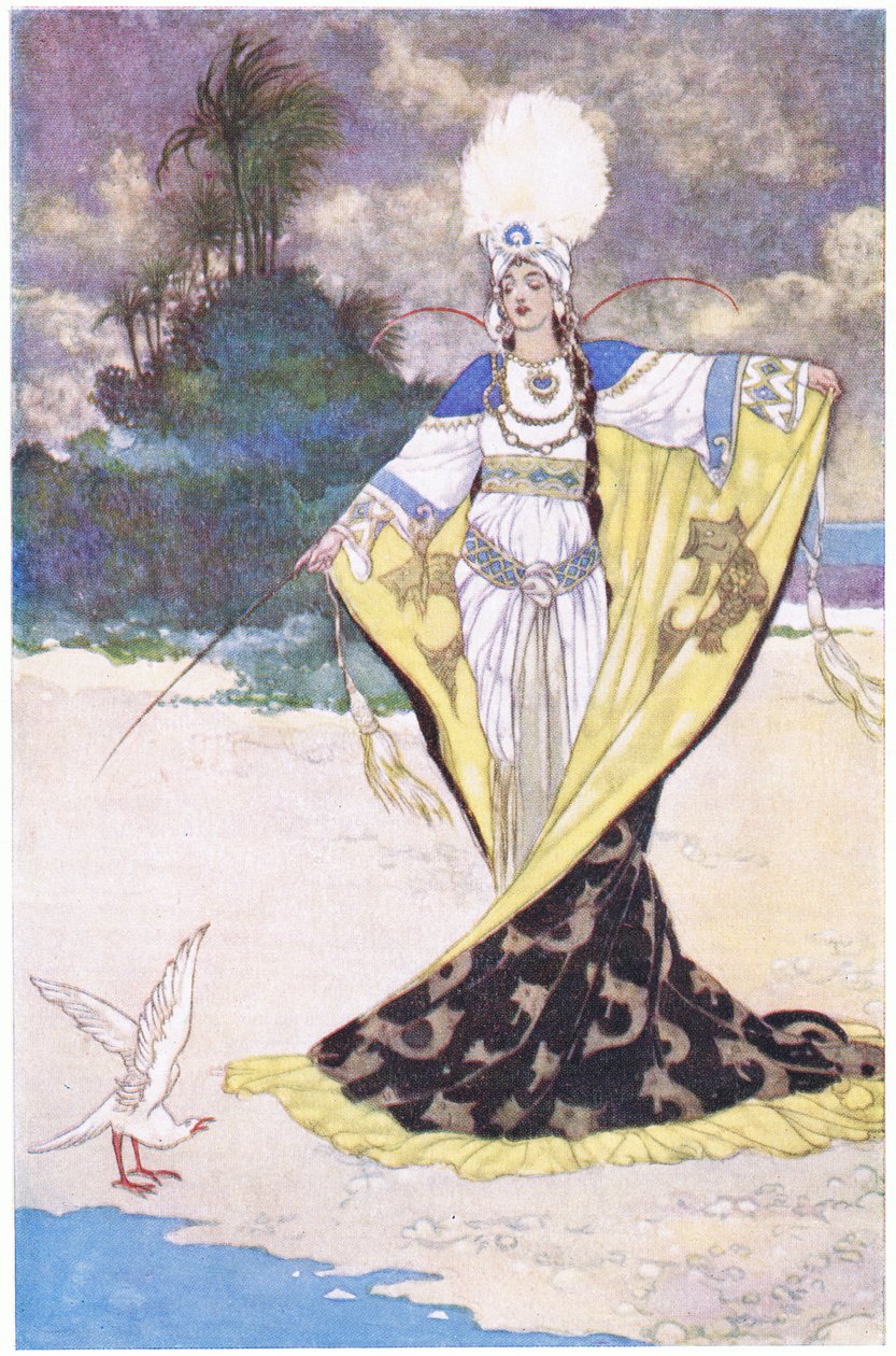 Giauhara hercegnő fehér madárrá változtatja Beder királyt, 1930-as évek alkotó: René Bull