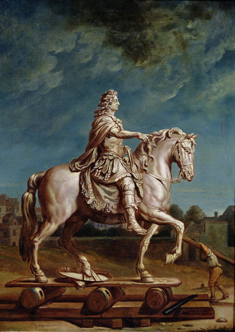 XIV. Lajos lovas szobrának elszállítása a kapucinusok kolostorának műhelyéből 1669-ben, 1669 után alkotó: René Antoine Houasse