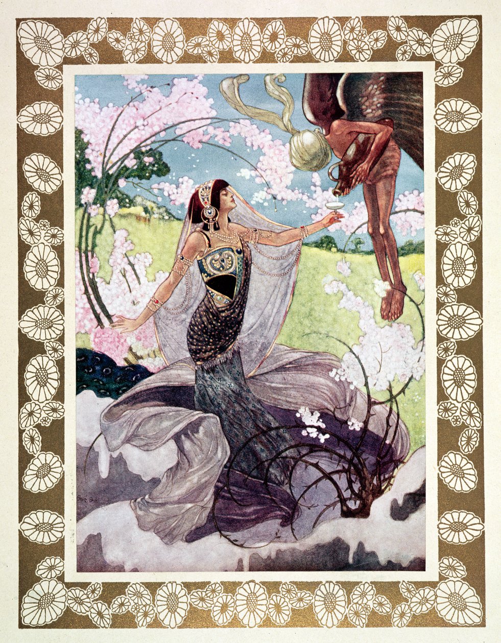 „Gyere, töltsd meg a poharat”, illusztráció „Omar Khayyam rubaiját” alkotó: René Bull
