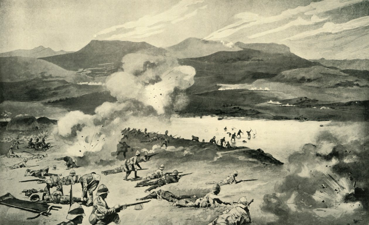 "A colensói csata – A dublini fusilierek kísérlete a Tugela Fordítására", 1900 alkotó: René Bull