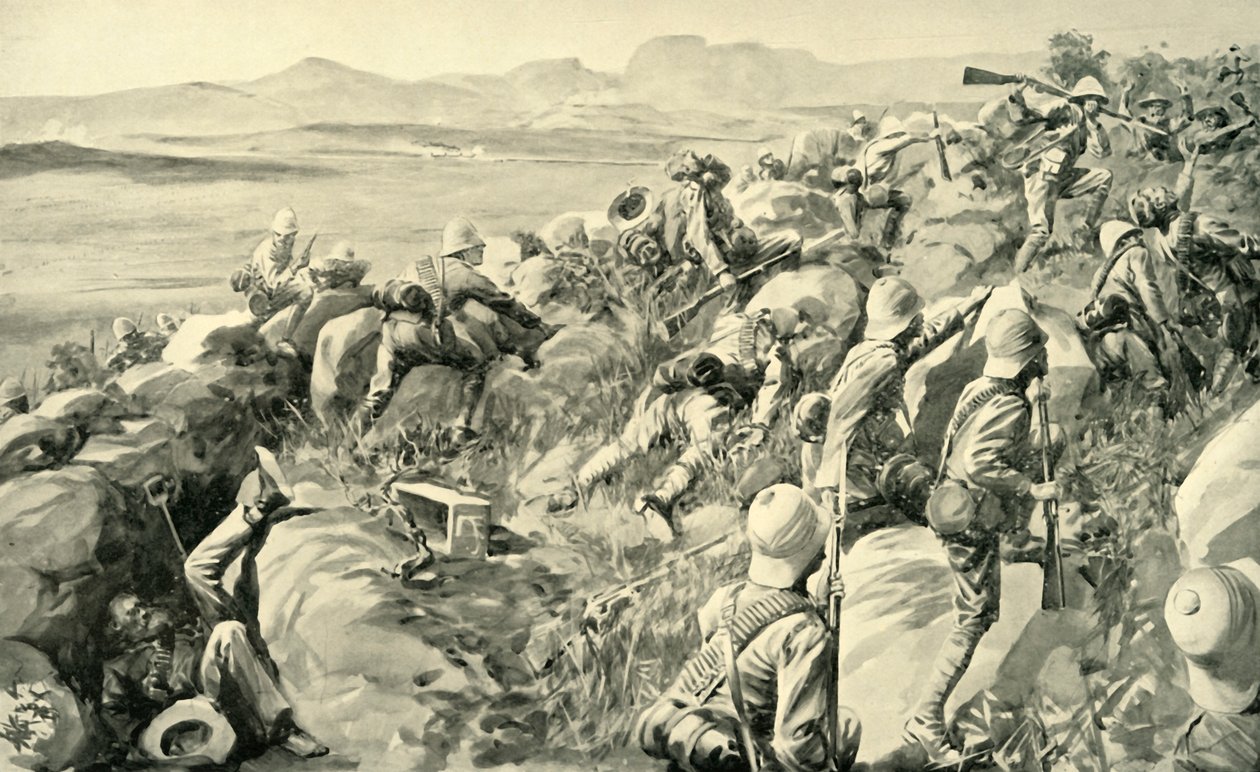 „The Relief of Ladysmith – Az utolsó rohanás a Hlangwane Hillnél”, 1900. alkotó: René Bull