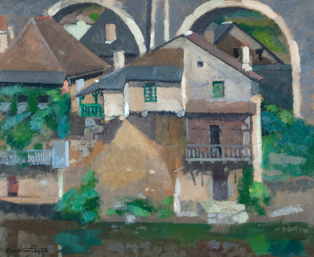 Házak a Vézère-n Uzerche-ben (olaj, karton) alkotó: René Fontayne