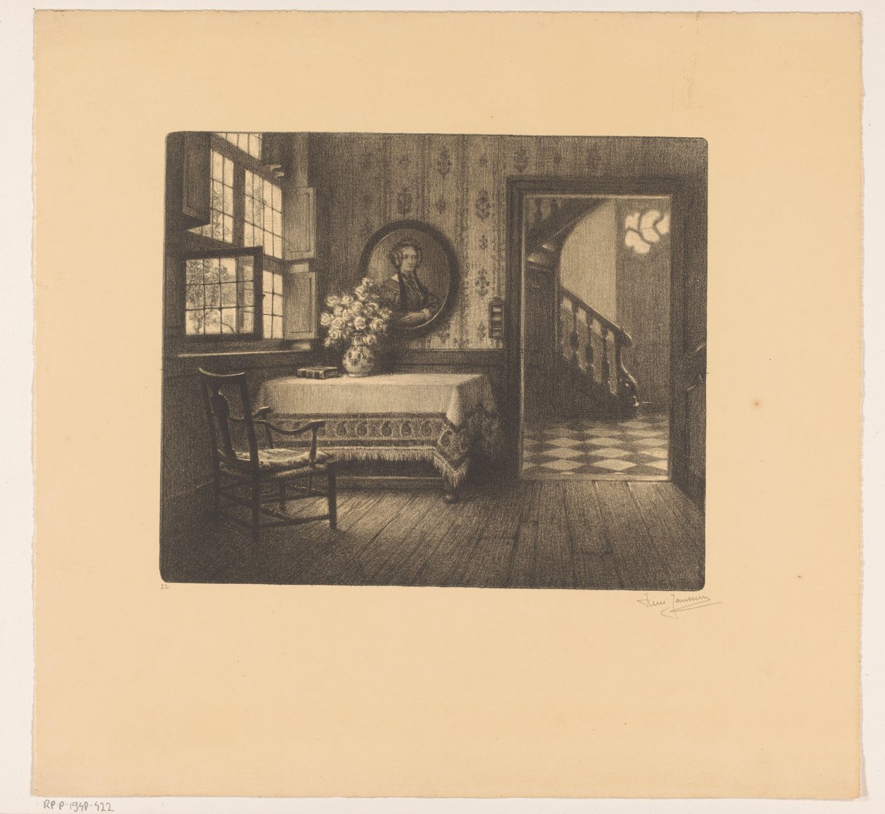 Belső portréval, asztallal és kilátással a folyosóra alkotó: René Janssens (signed by artist)