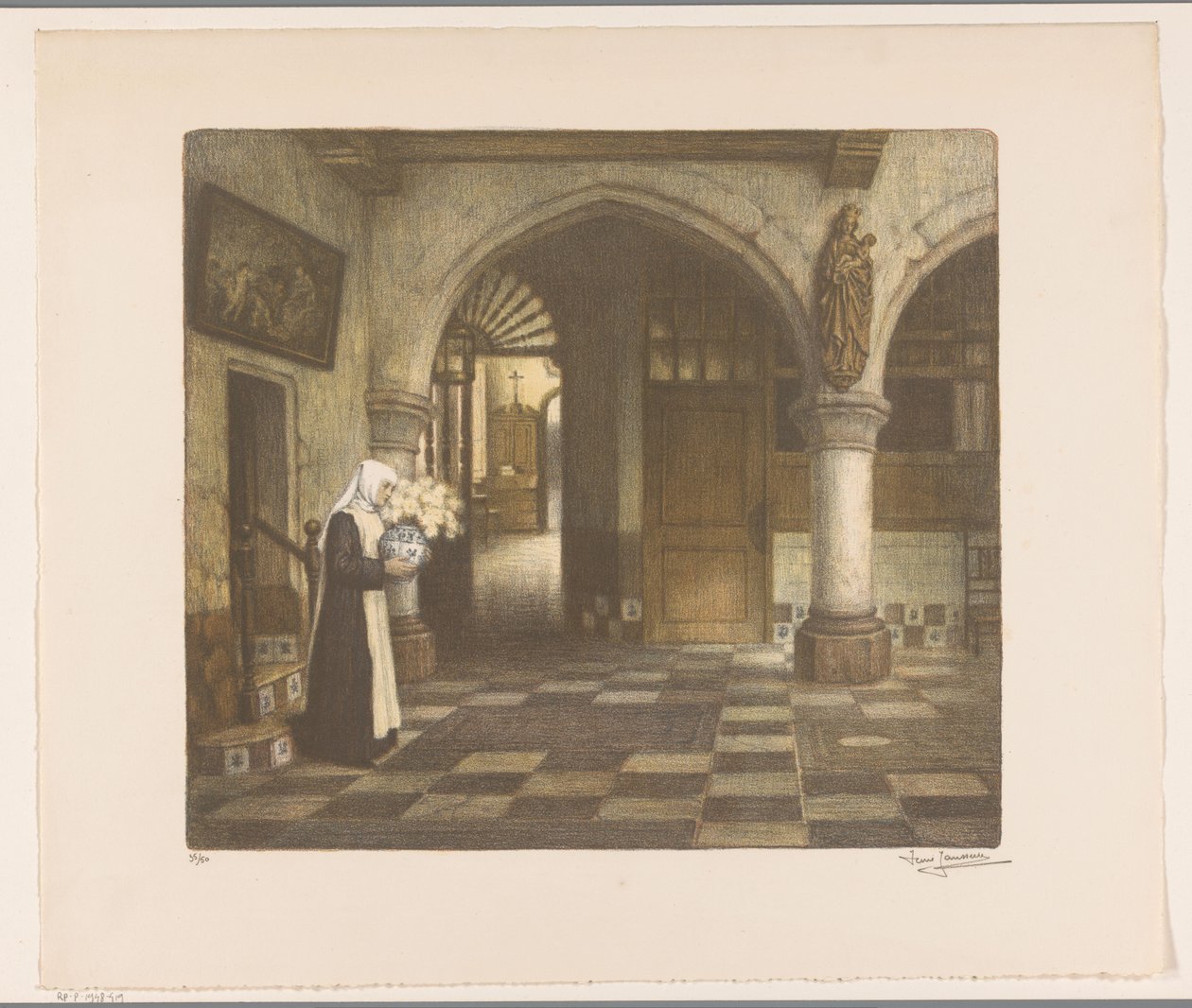 Apáca egy kolostor termében virágvázával alkotó: René Janssens (signed by artist)