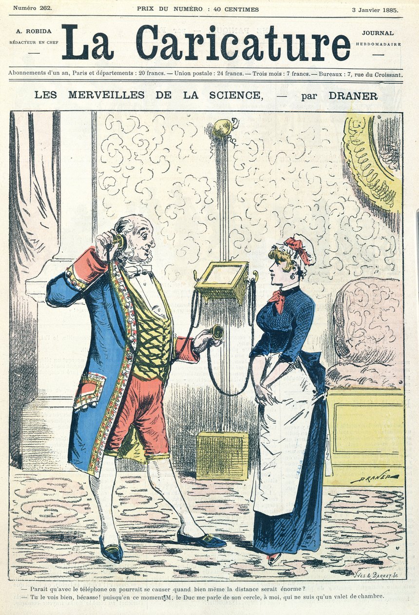 A telefon, illusztráció a "La Caricature" című műből, metszet: Yves und Barret, 1885. január 3. alkotó: Renard Jules Draner