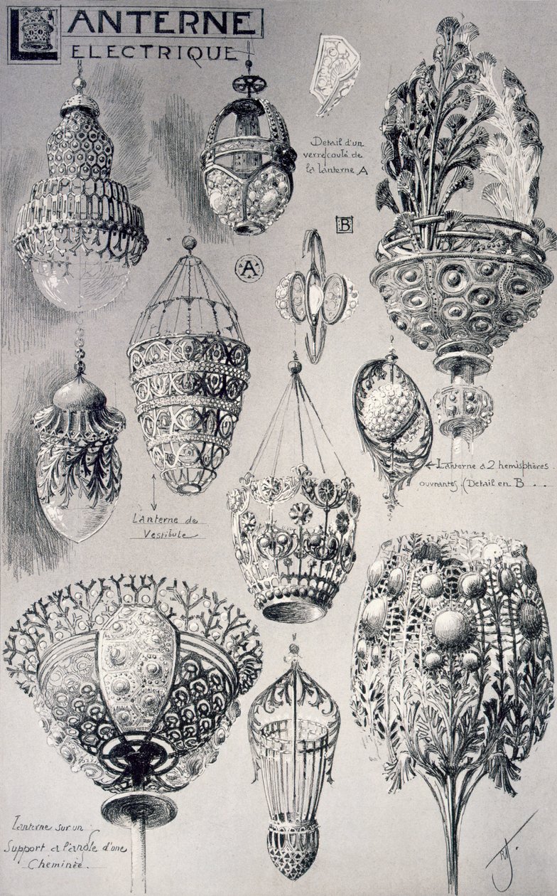 Lámpás szerelvények elektromos világításhoz, a „Dekoratív vázlatokból”, 1895 körül alkotó: Rene Binet