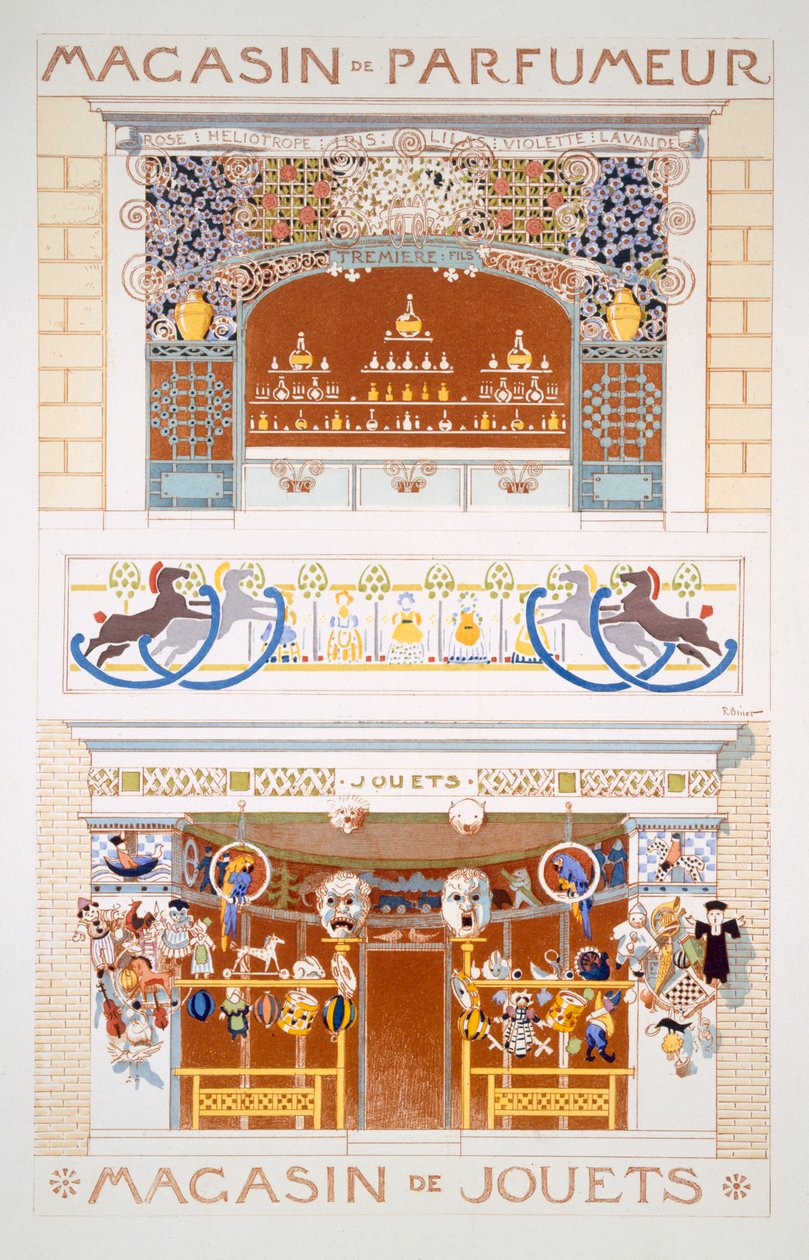 Két üzlethelyiség homlokzati kialakítása: 1880-95 körül. alkotó: Rene Binet