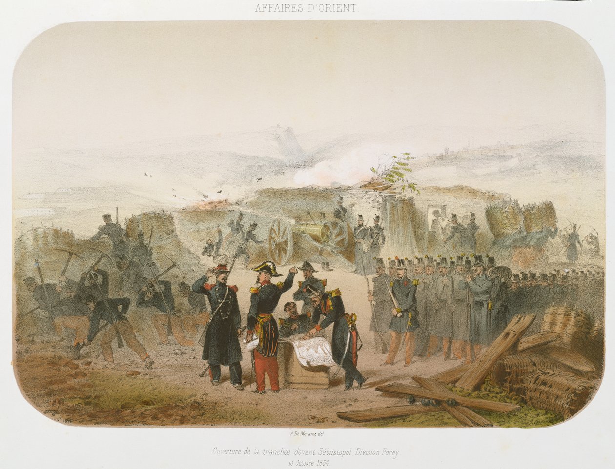Árok építése Sebastopol előtt, 1854. október 10., 1854. (színes litográfia) alkotó: Rene Demoraine