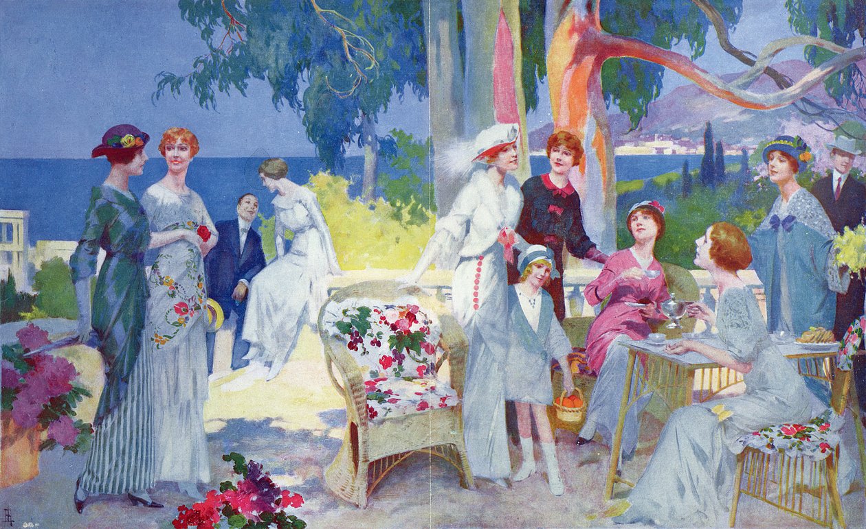 Teaparti egy kertben a francia riviérán, illusztráció a „La Vie Heureuse” című filmből, 1913. március alkotó: Rene Lelong