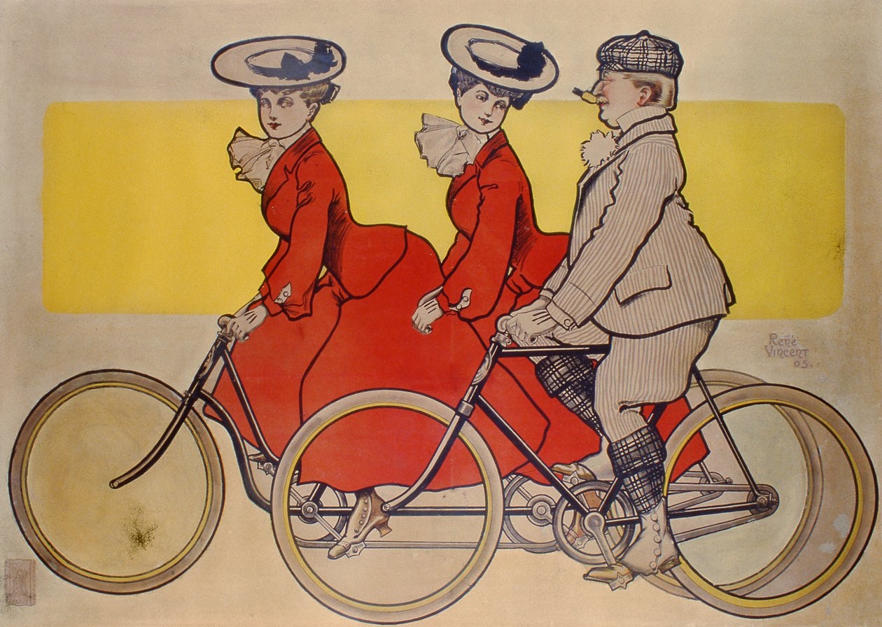 Biciklis férfi és nő egy tandemen, 1905 (színes metszet) alkotó: Rene Vincent