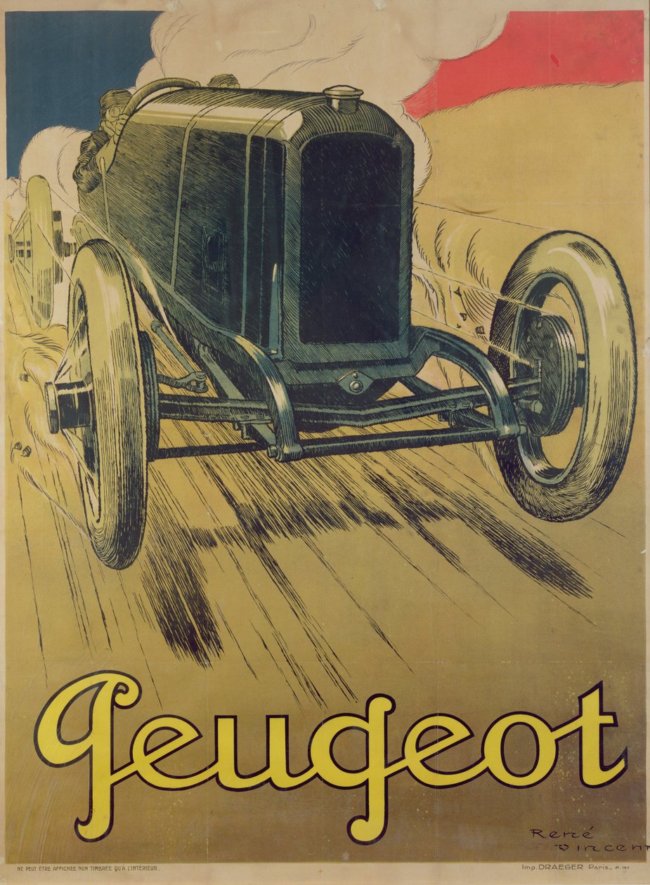 Peugeot versenyautót hirdető plakát, 1918 körül alkotó: Rene Vincent