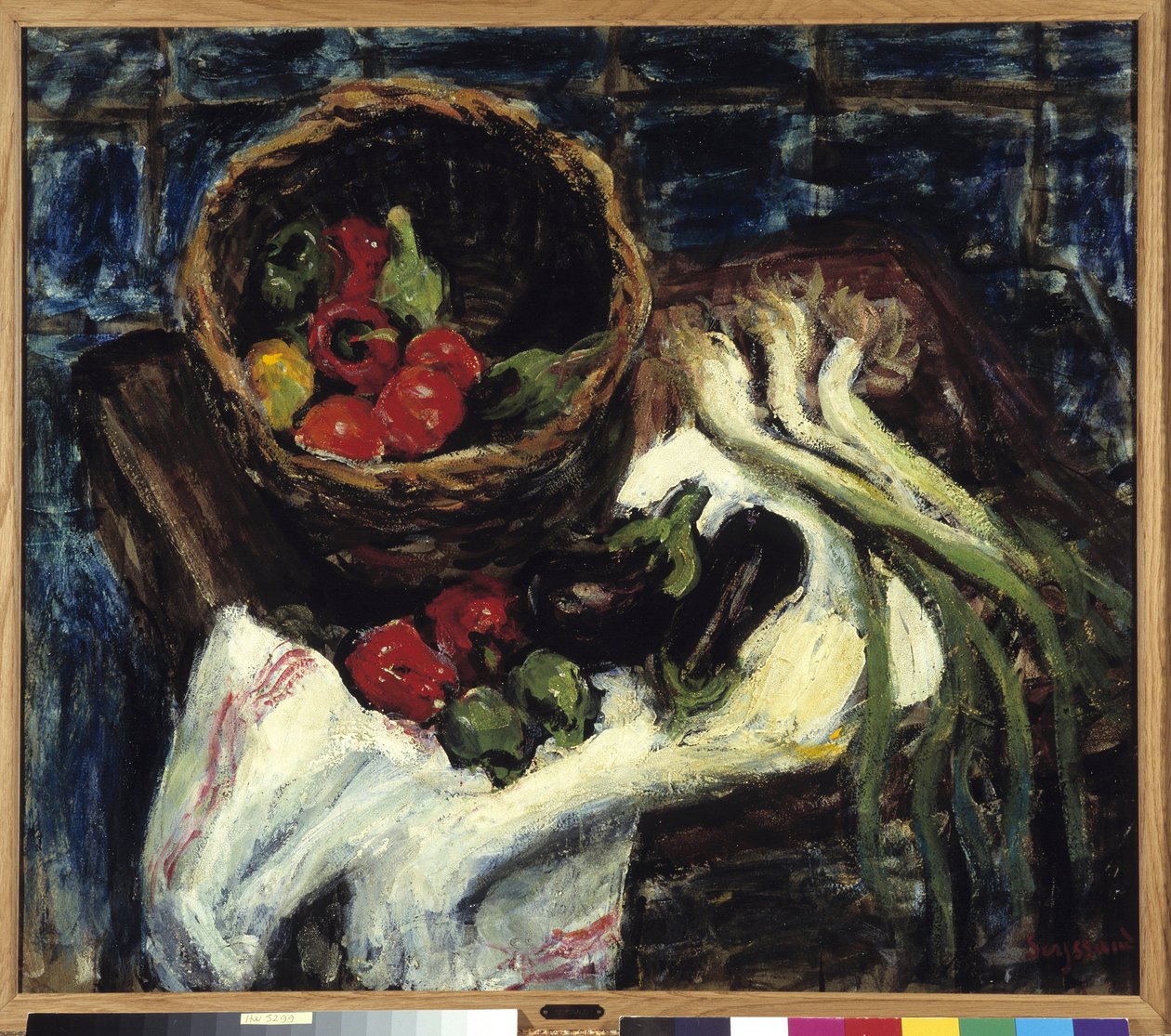 Csendélet zöldségkosárban, paprika, padlizsán és póréhagyma (olaj, vászon) alkotó: Rene Auguste Seyssaud