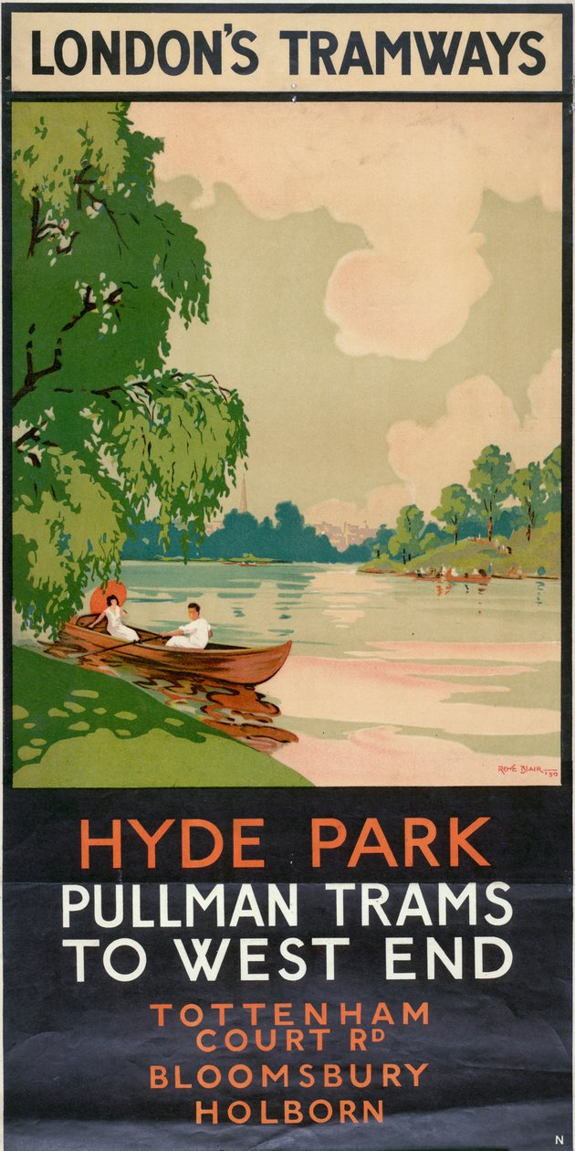 „Hyde Park, Pullman Villamosok West Endbe”, London Megyei Tanács LCC Tramways plakátja, 1930 alkotó: Rene Blair