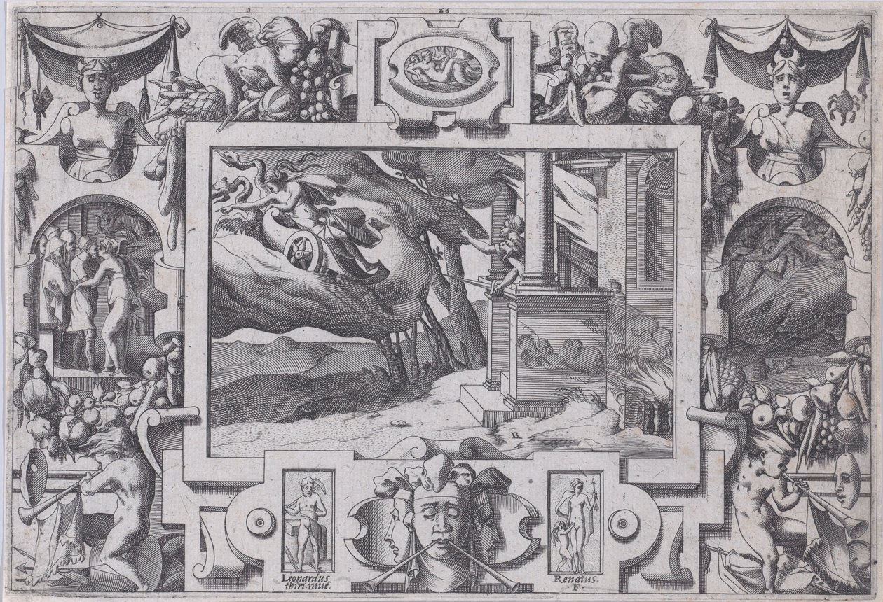 Medea menekül Jason elől A rövidkezű kard, Jason üldözi, de nem tud élni..., 1563. alkotó: Rene Boyvin