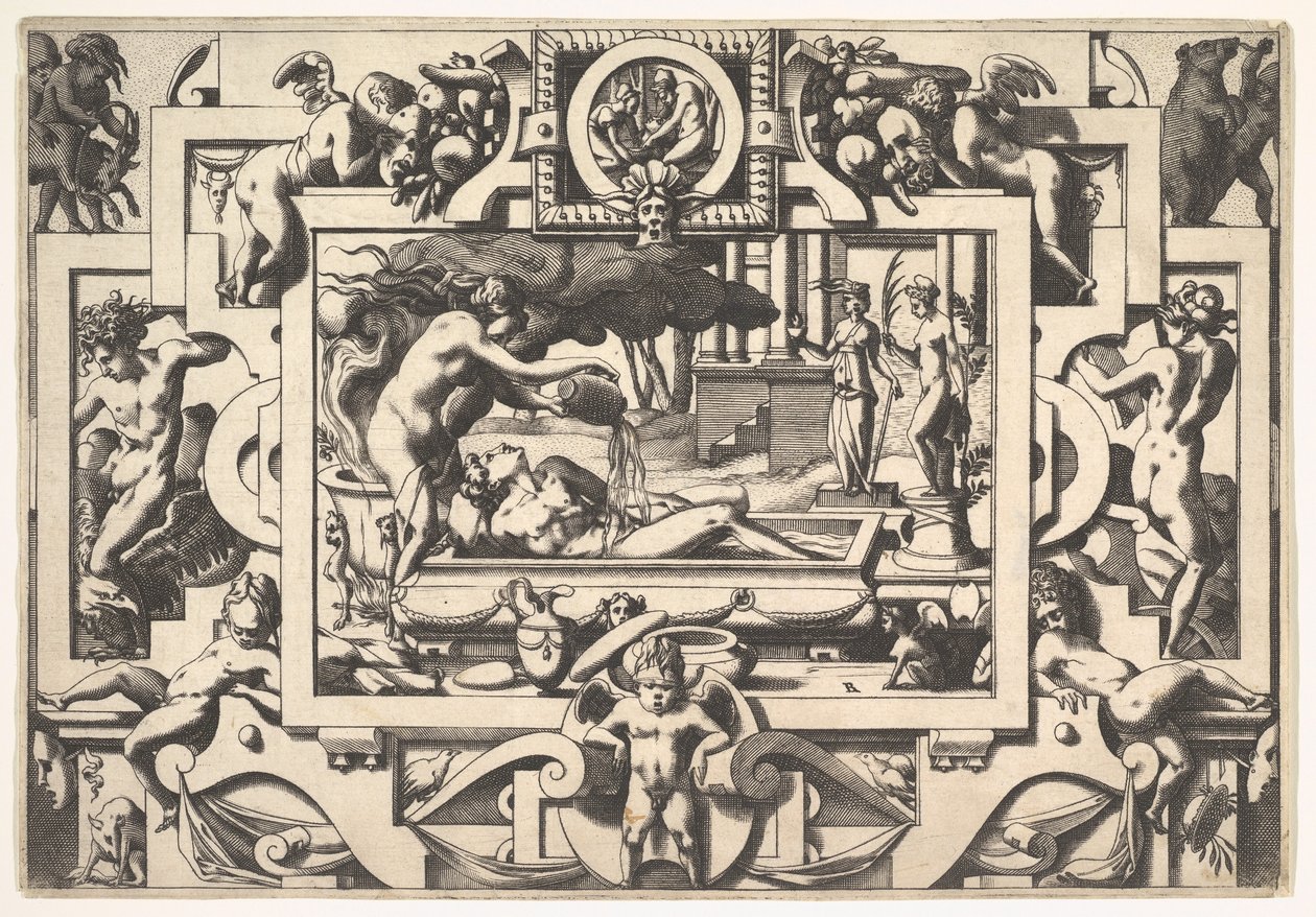 Médea varázsbájitalt önt Jason King Aesonra, aki annyira levert és tiszteletreméltó, egy kádban…, 1563. alkotó: Rene Boyvin