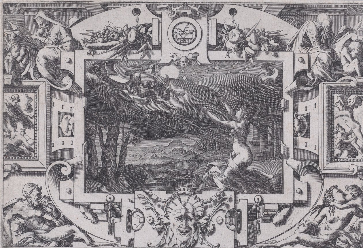 Sárkányok rajzolták Médeát és szekerét, kócosan és meztelenül egy sötét éjszakán, egy elhagyatott helyen..., 1563. alkotó: Rene Boyvin