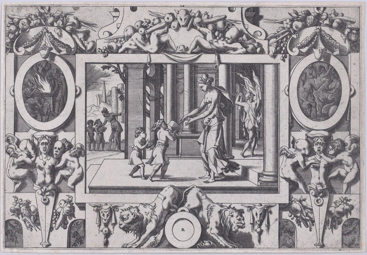 Médea és Jason gyermekei átadják Creusának a halálos ajándékot két fiától a Sze..., 1563. alkotó: Rene Boyvin