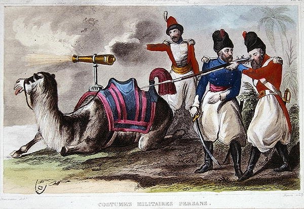 Tizenkilencedik századi perzsa katonai viseletek és egy teve ágyúval, 1840 körül (színes litó) alkotó: Rene Demoraine