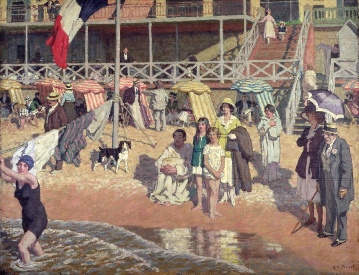 Fürdőzők a Grand Hotel előtt, Cabourg, 1920 körül (olaj, panel) alkotó: René François Xavier Prinet