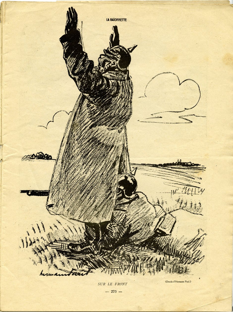 A háborús fronton az egyik német katona úgy tesz, mintha megadná magát, míg egy másik kihasználja, hogy a kabátja alá lőjön alkotó: Rene George Hermann Paul