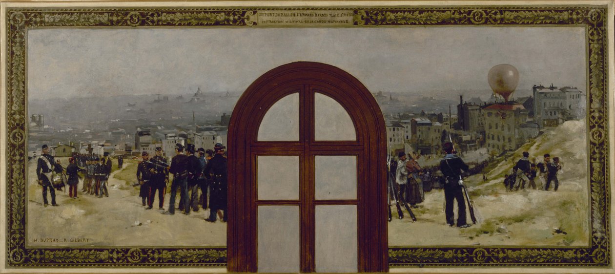 A párizsi városháza prefektusi hivatalának vázlata: Az "Armand Barbès" léghajó indulása, a Nemzeti Gárda utasítása. alkotó: Rene Joseph Gilbert