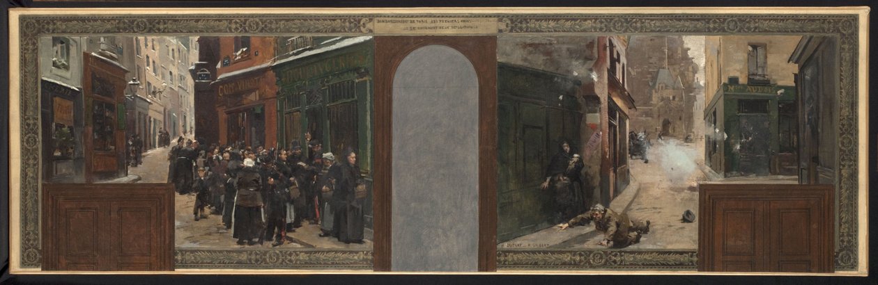 Vázlat a párizsi városháza prefektusi irodájához: A Mont Sainte-Geneviève bombázása. A lakosság fejadagolása alkotó: Rene Joseph Gilbert