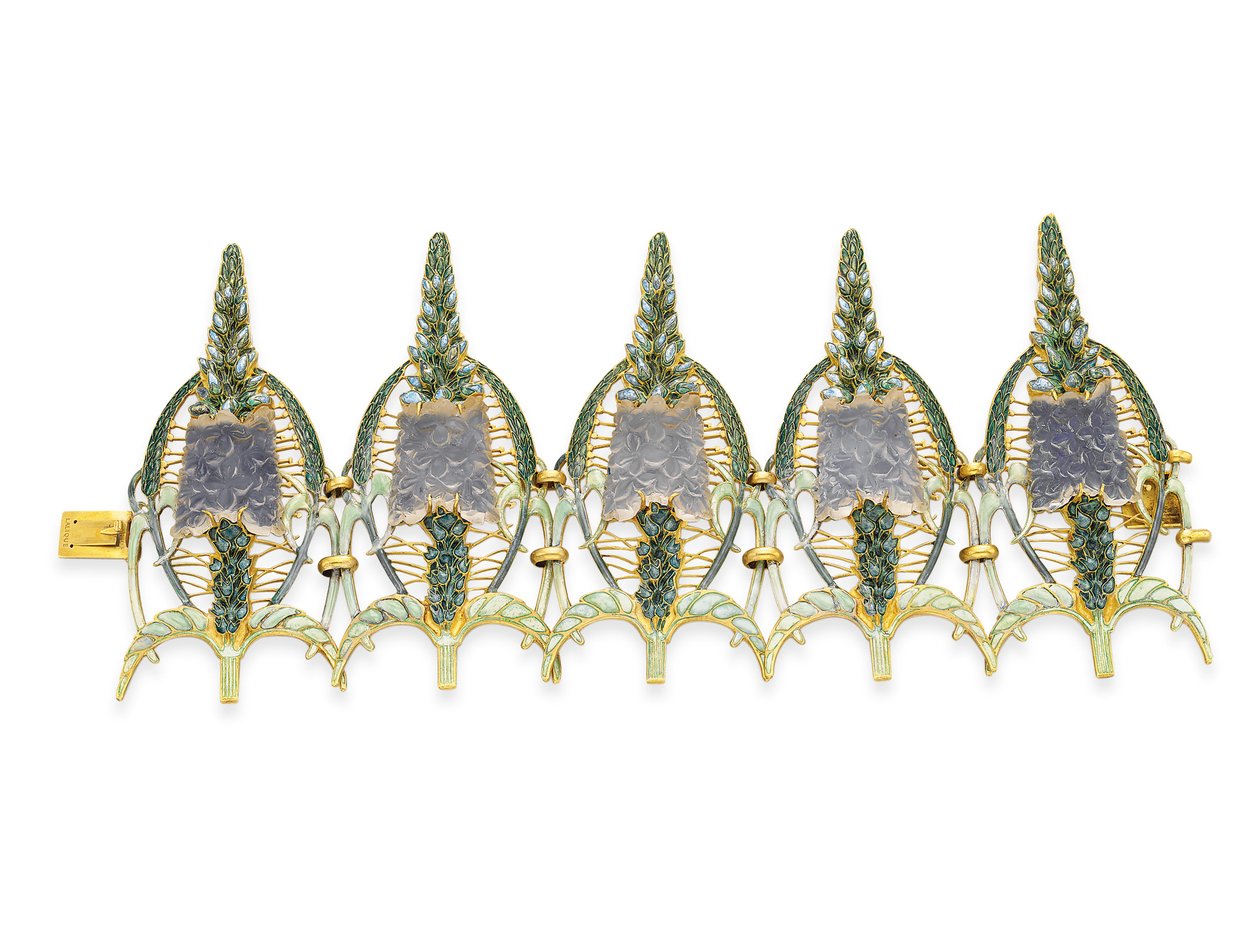 Szecessziós „Speedwell” karkötő, 1900 körül (üveg, zománc és arany) alkotó: Rene Jules Lalique