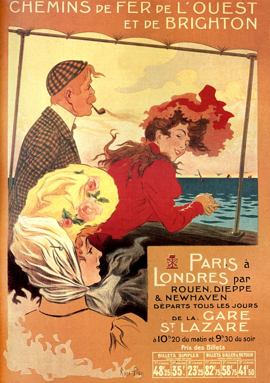Rene Pean reklámplakátja a West és Brighton vasúttársaság számára a párizsi londoni vonal Rouen, Dieppe és Newhaven útján, 19. század vége alkotó: Rene Pean