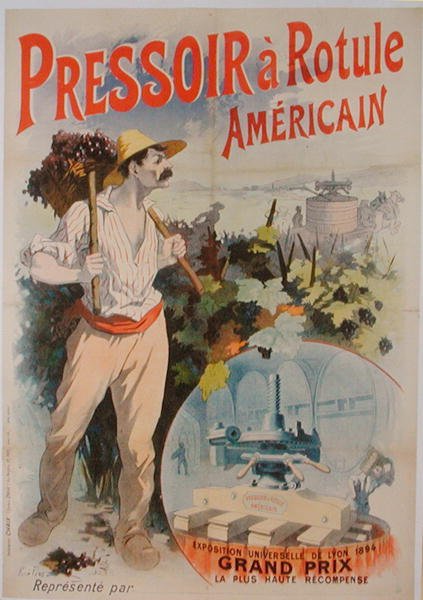 Az Exposition Universelle de Lyonban kiállított amerikai borsajtót reklámozó plakát alkotó: Rene Pean