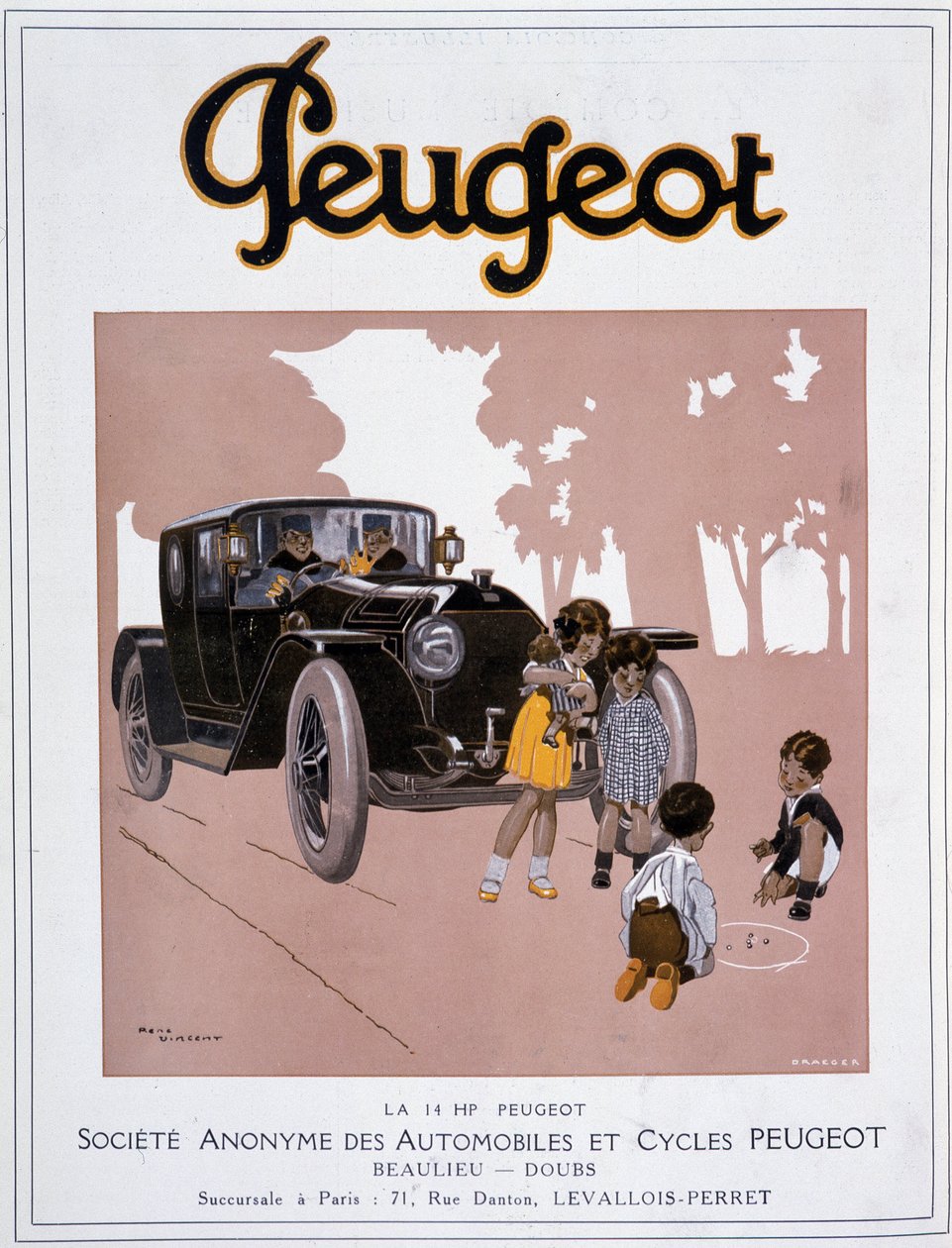 A Peugeot „” A 14 LE-s Peugeot”” hirdetése a „Comoedia illustrious”” című kiadványban, december 20. alkotó: Rene Vincent