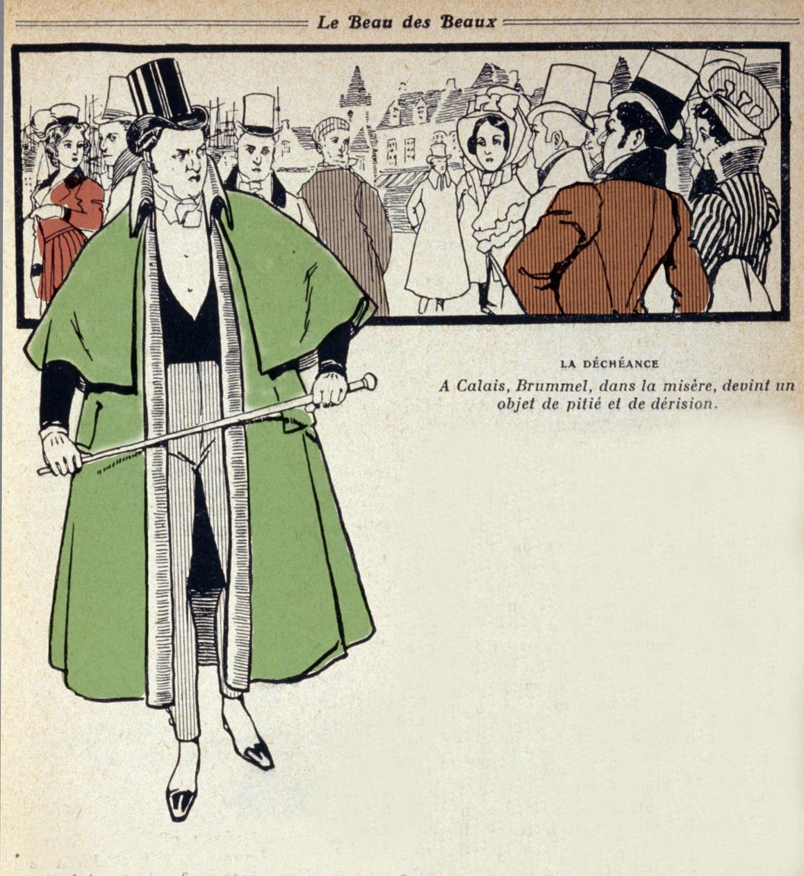 George Bryan Brummel, a Beau Brummel (1778 - 1840), a Dandy királya ábrázolása: ez utóbbi száműzetésben él Calais-ban. Rene Vincent (1879-1936) illusztrációja. 19. század alkotó: Rene Vincent