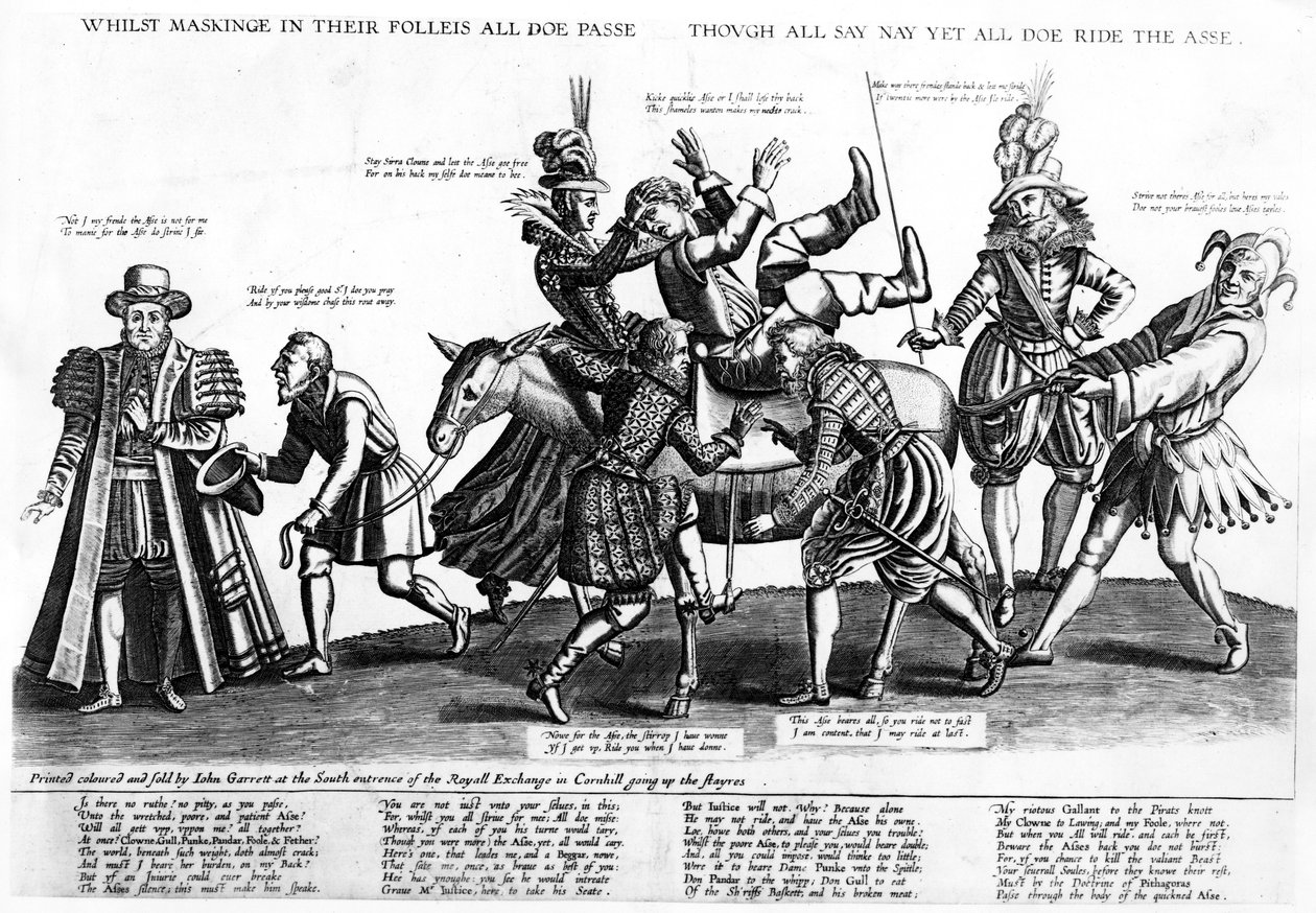 Míg a folleisben álcázzák magukat, mindenki átmegy, bár nemet mond, de mindenki szamáron ül, 1607 alkotó: Renold Elstrack