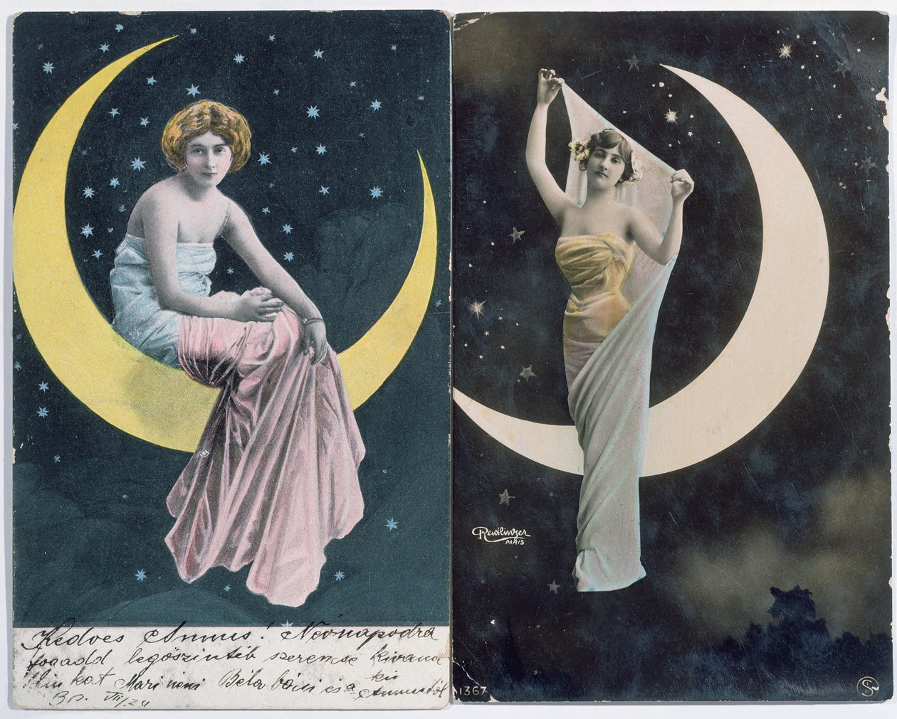 Nőt és holdsarlót ábrázoló magyar (L.) és francia (R.) képeslapok (1910 körül) (színes fotó) alkotó: Reutlinger Studio