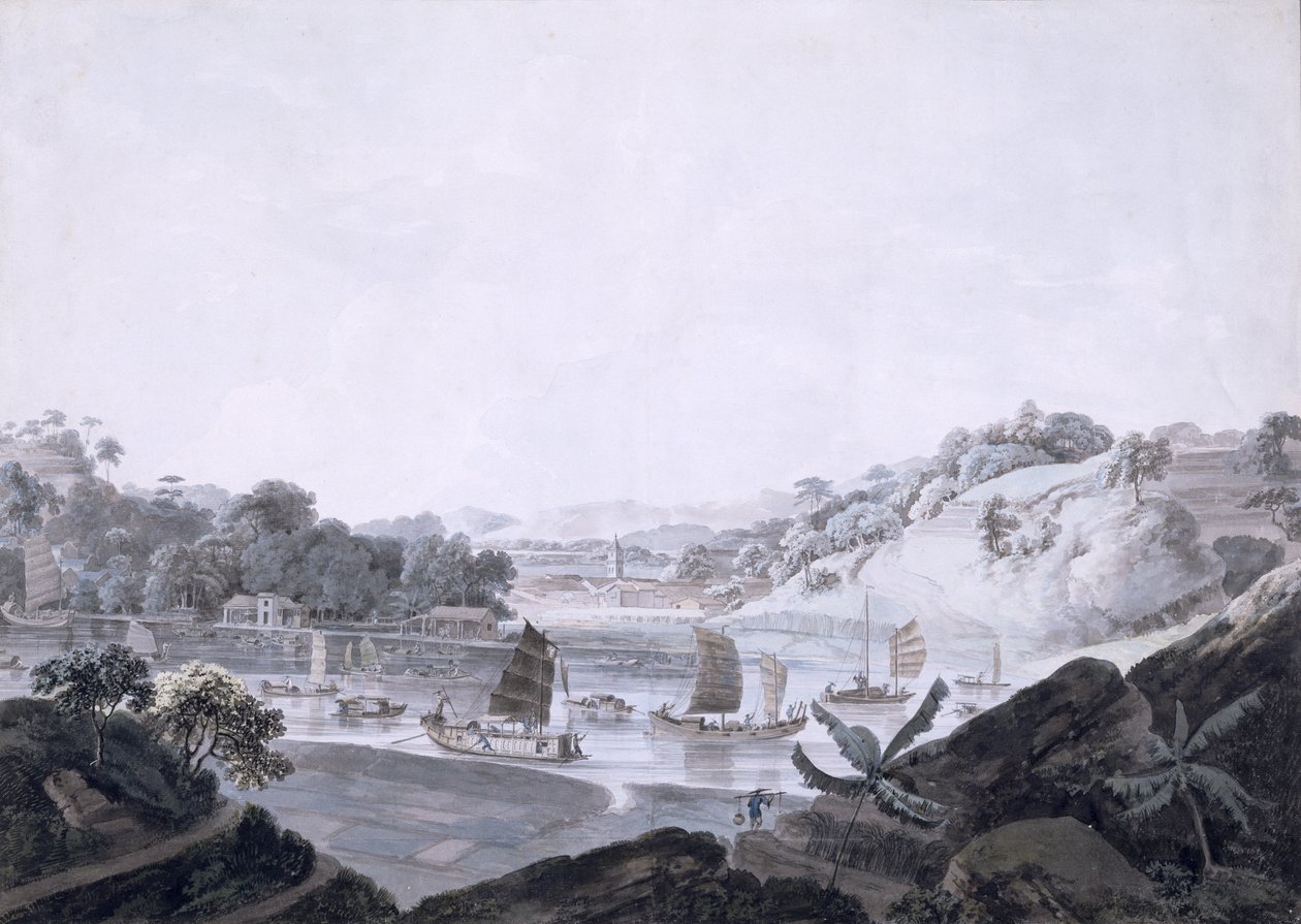 Nézet a Some-Cheonról a francia szigeten, a Danes-szigetről, Kínából, 1793-94 (wc grafit fölött, fektetett papíron) alkotó: Rev. Edward Thomas Daniell