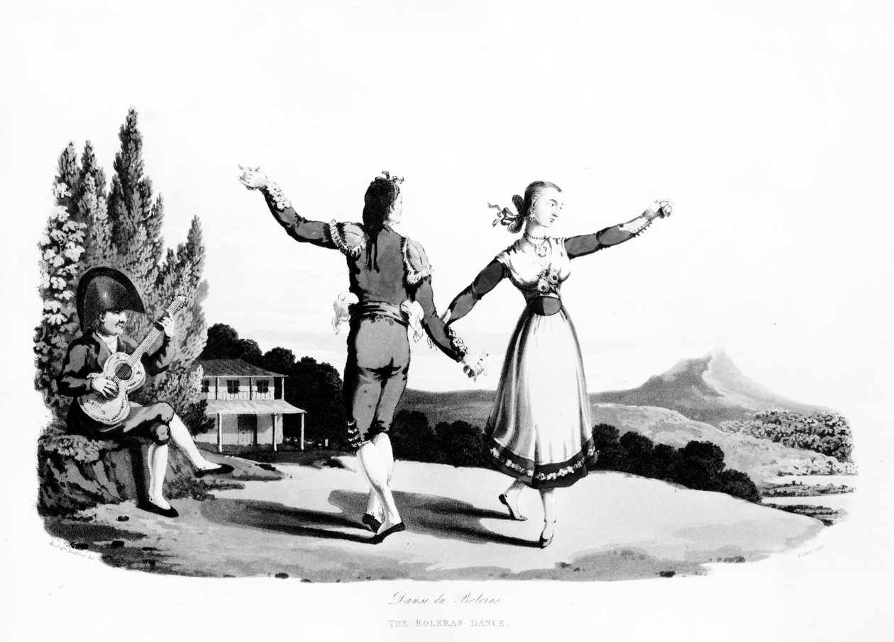 A Boleras Dance, illusztráció a „Vázlatok az országról, a karakterről és a jelmezről, Portugáliában és Spanyolországban”, John Heaviside Clark nyomtatása, 1809 (akvatinta) alkotó: Rev. William Bradford