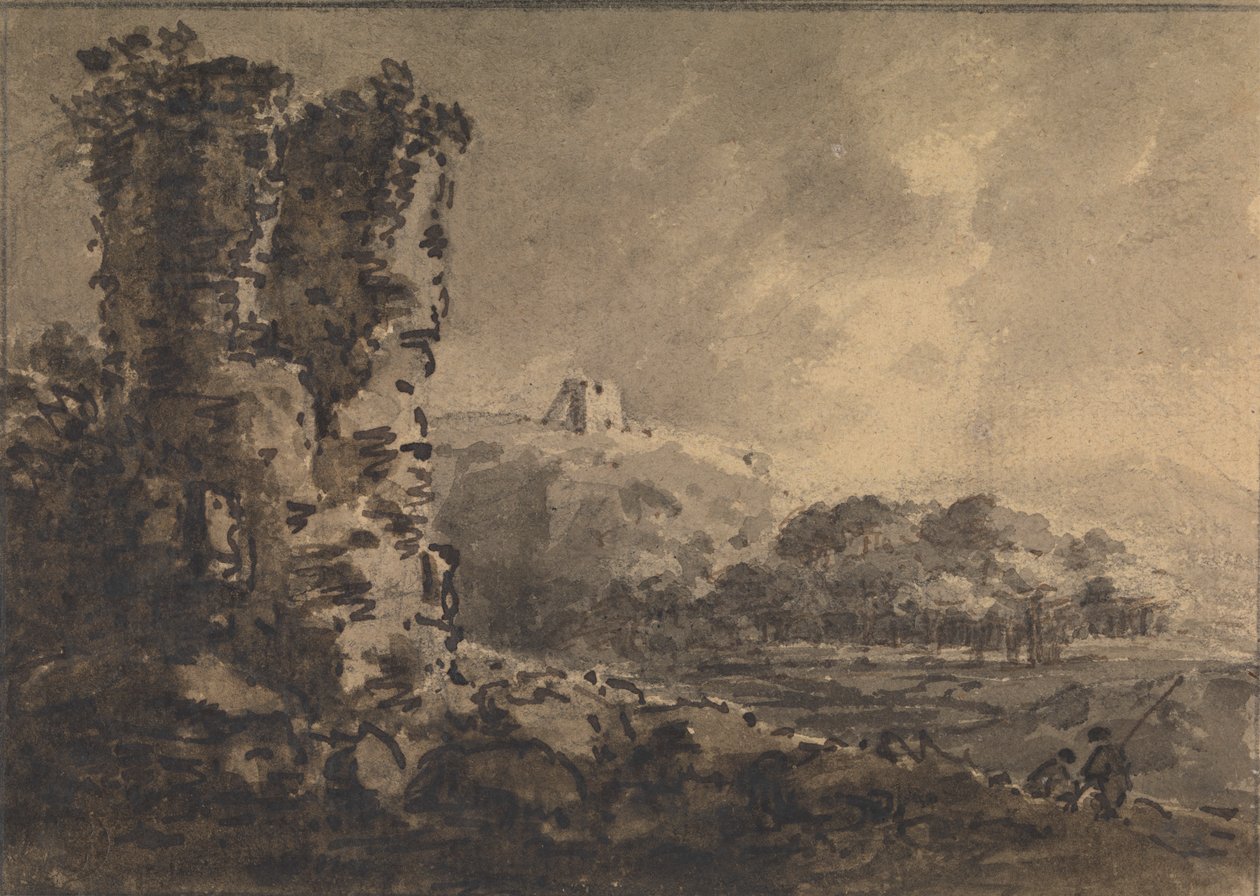 Klasszikus táj, bal oldalon rom, jobb oldalon két figura alkotó: Rev. William Gilpin