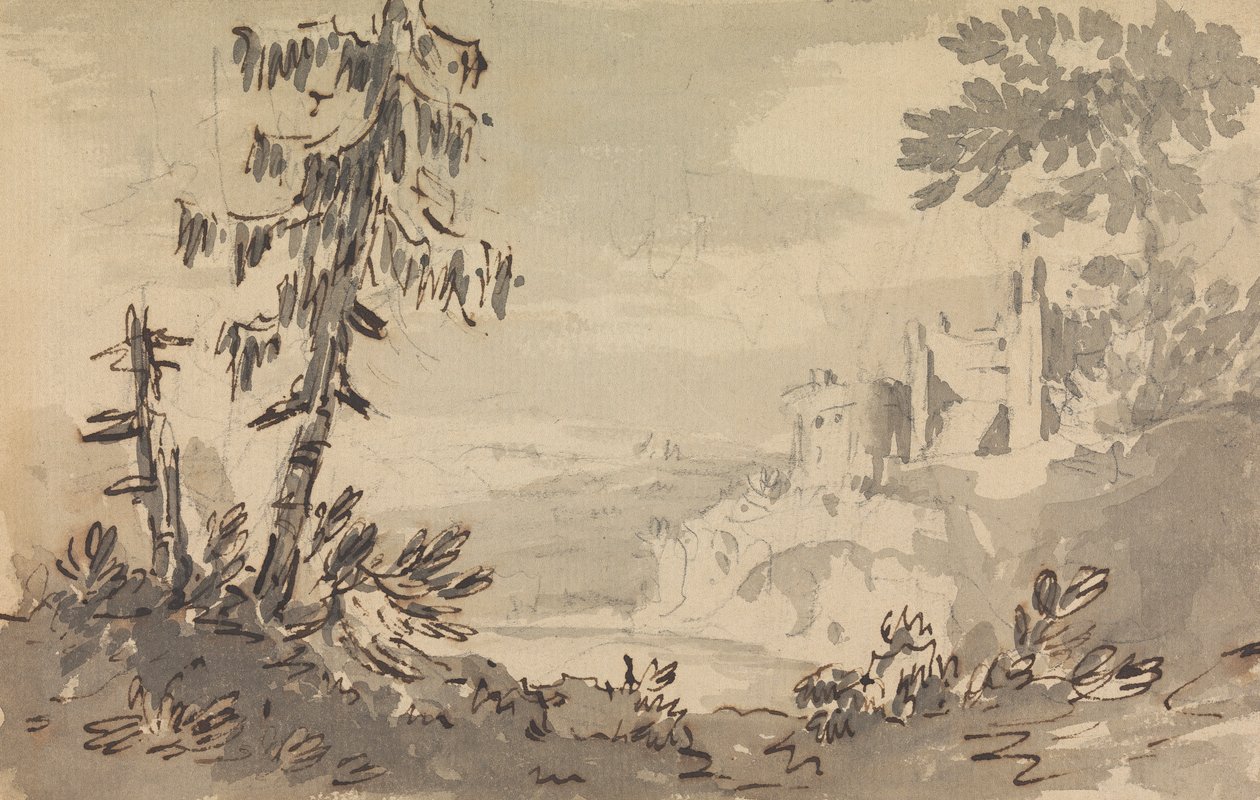 Fenyőfák és a vár a tájon alkotó: Rev. William Gilpin