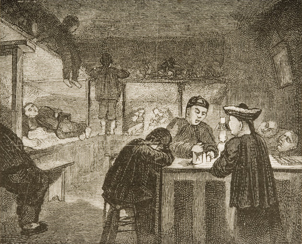 Kínai ópiumbarlang San Franciscóban az 1870-es években, 1880 körül. alkotó: Reverend Samuel Manning