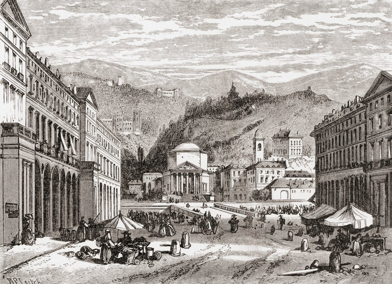 Egy utca az olaszországi Torinóban a 19. század végén. Samuel Manning tiszteletes 1890 körül kiadott Italian Pictures című művéből. alkotó: Reverend Samuel Manning