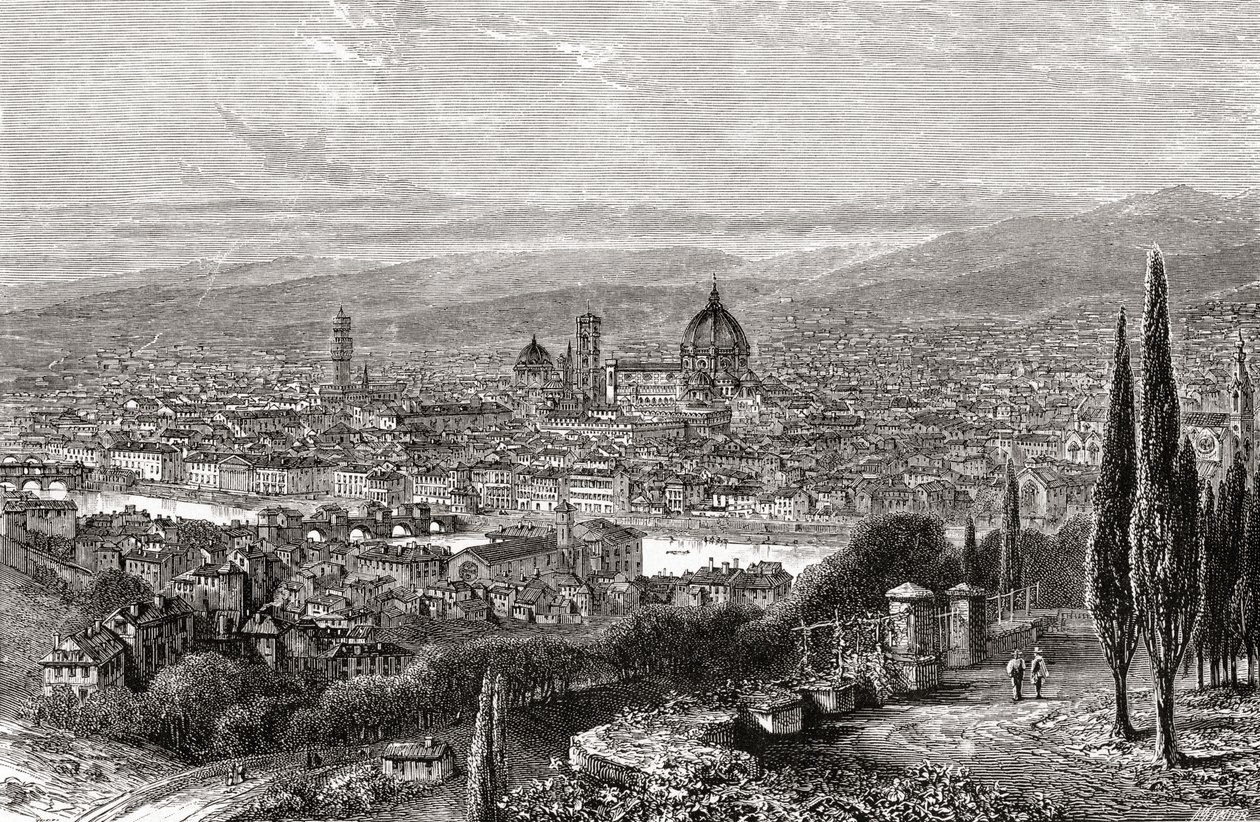 Firenze (Toszkána, Olaszország) látképe a San Miniato teraszáról, a 19. század végén. A Rev. Samuel Manning által 1890 körül kiadott Italian Pictures című műből. alkotó: Reverend Samuel Manning