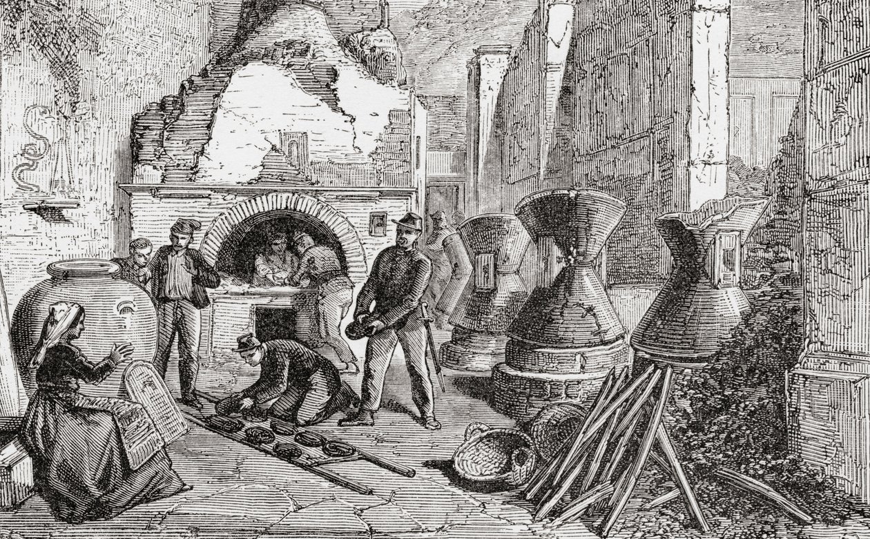 Péksütő, kenyér- és lisztkészítő malom, amelyet az olaszországi Nápolyban, Pompeji ásatásai során fedeztek fel a 19. század végén. A Samuel Manning tiszteletes által 1890 körül kiadott Italian Pictures című műből. alkotó: Reverend Samuel Manning