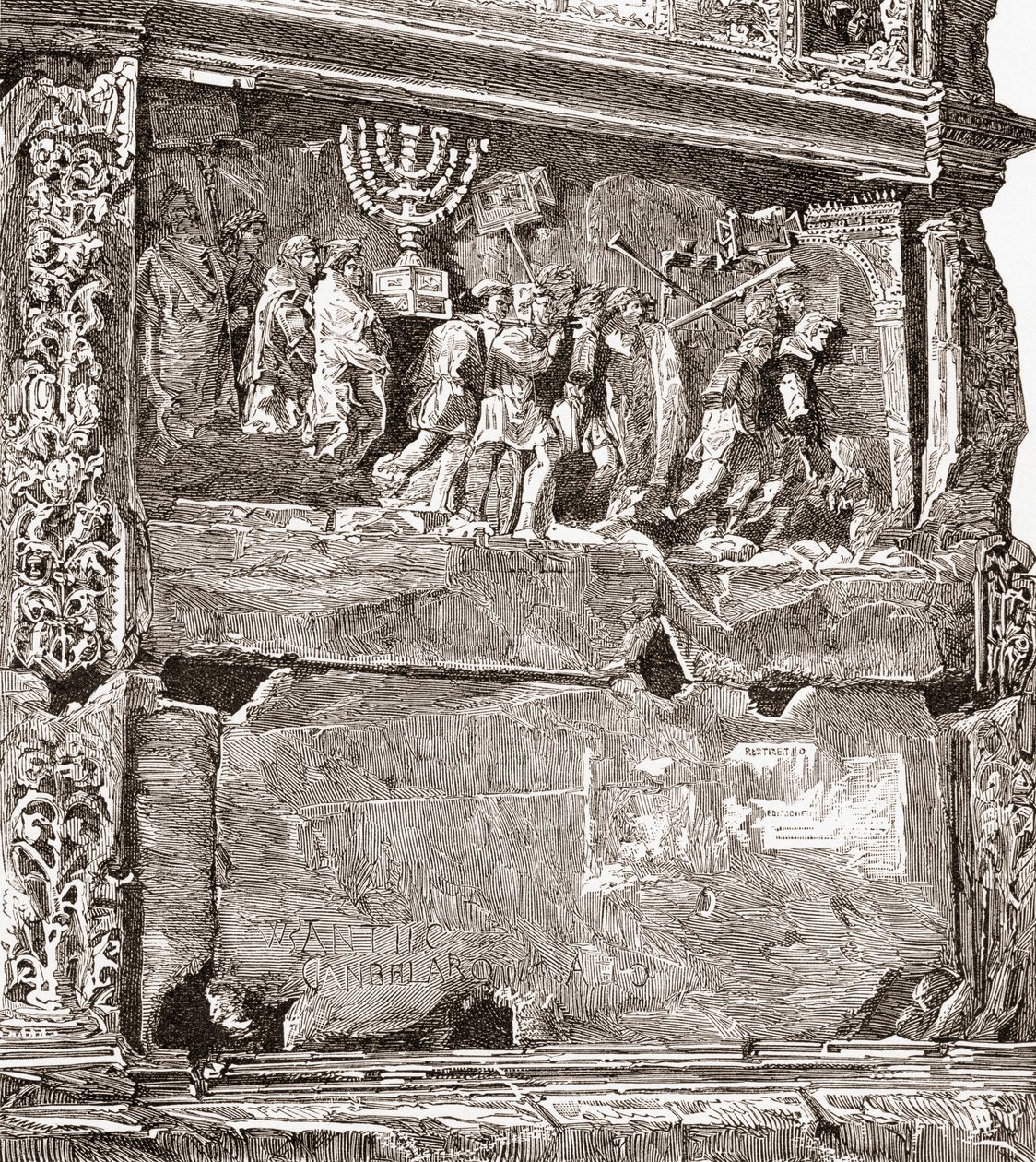 A déli tábla "A háború zsákmánya" című, a diadalmenetet ábrázoló domborműve a Titus boltozatán, Via Sacra, Forum Romanum, Róma, Olaszország. A Rev. Samuel Manning által 1890 körül kiadott Italian Pictures című kötetből. alkotó: Reverend Samuel Manning
