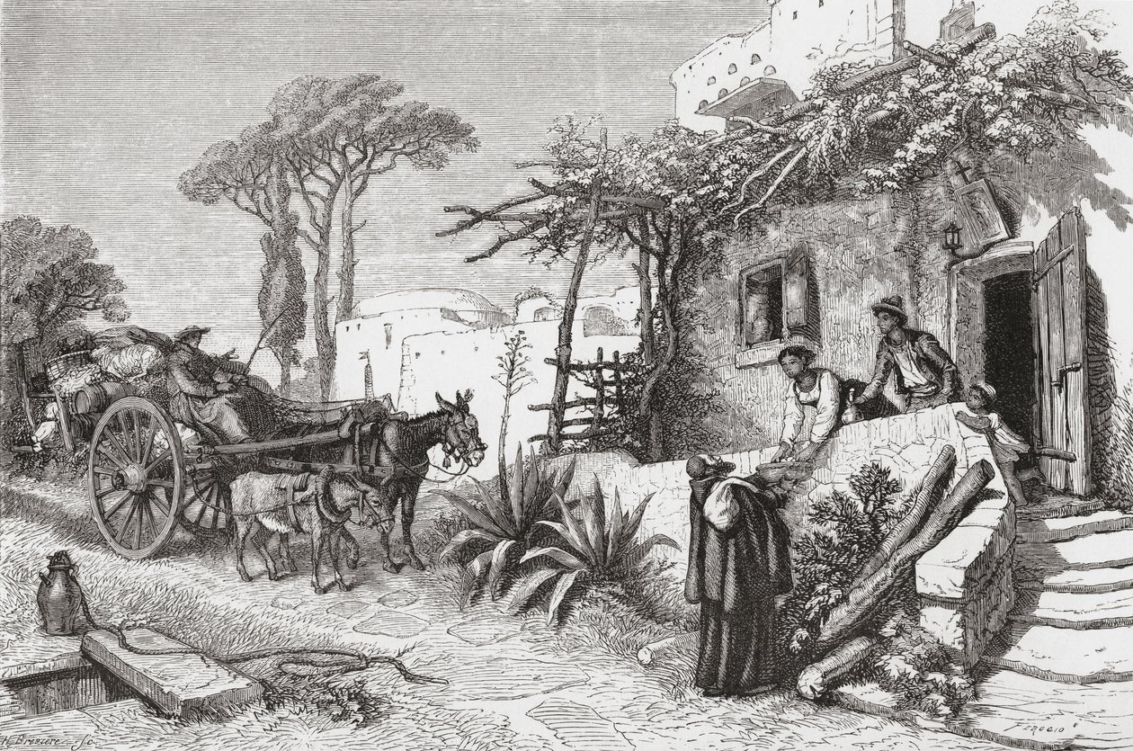 Mendikáns szerzetesek Nápoly közelében, Olaszországban a 19. század végén. Samuel Manning tiszteletes 1890 körül megjelent Olasz képek című művéből. alkotó: Reverend Samuel Manning