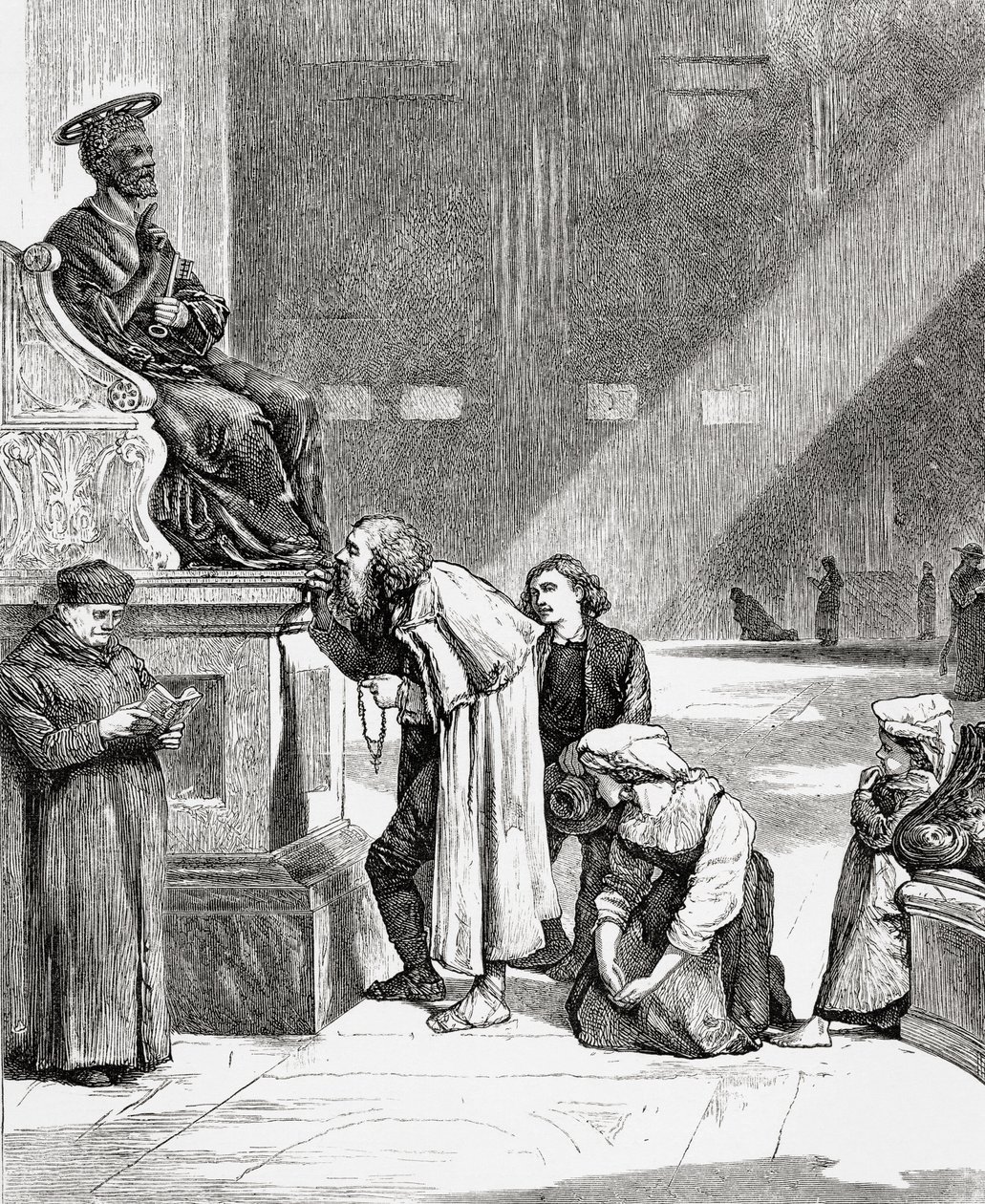 Emberek csókolják Szent Péter szobrának lábát a Szent Péter-bazilikában, Vatikánvárosban, Rómában, a 19. század végén. Samuel Manning tiszteletes 1890 körül kiadott Italian Pictures című művéből. alkotó: Reverend Samuel Manning
