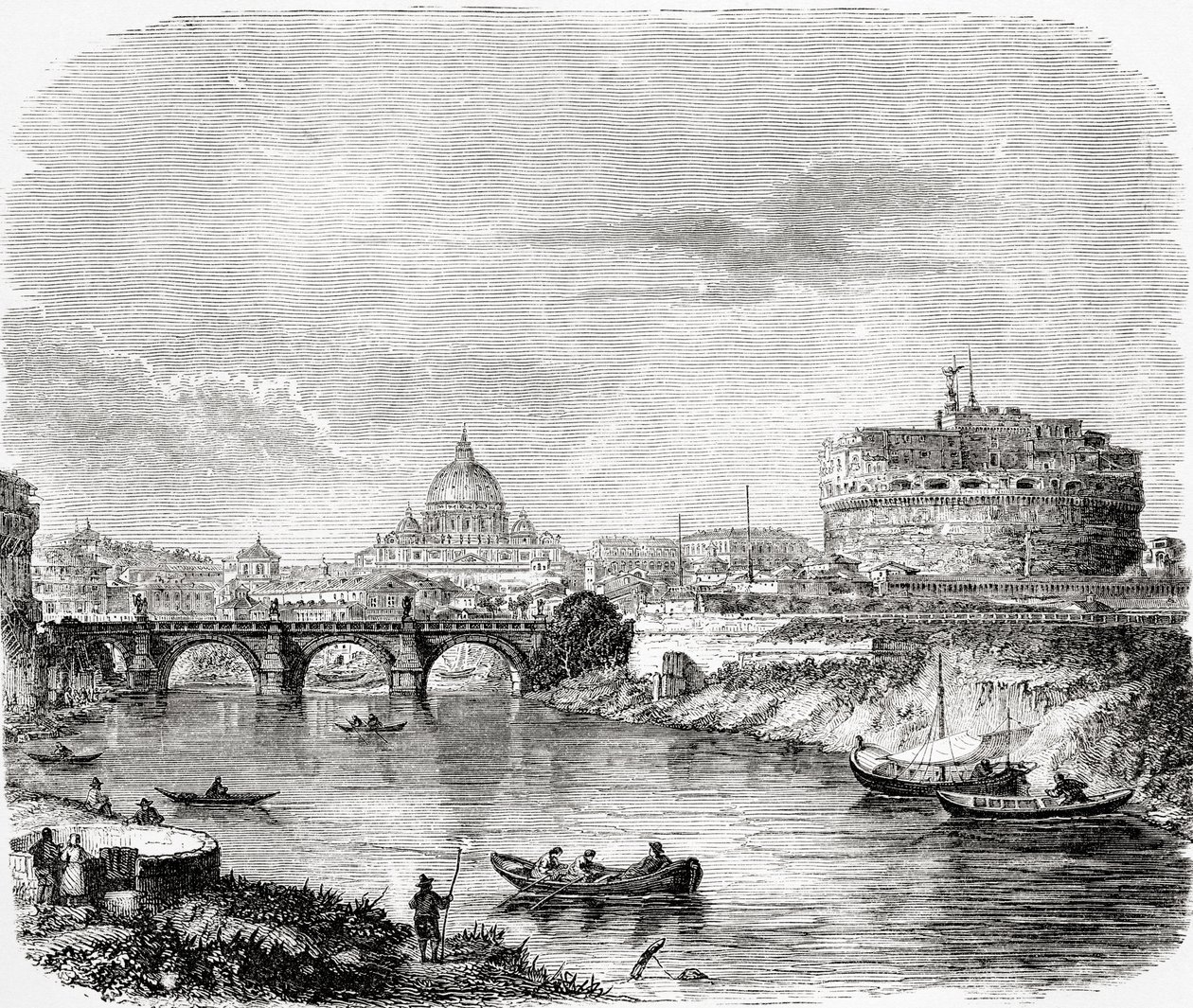 Szent Péter a híddal és az Angyalvárral, Róma, Olaszország a 19. század végén. A Rev. Samuel Manning által 1890 körül kiadott Italian Pictures című kötetből. alkotó: Reverend Samuel Manning