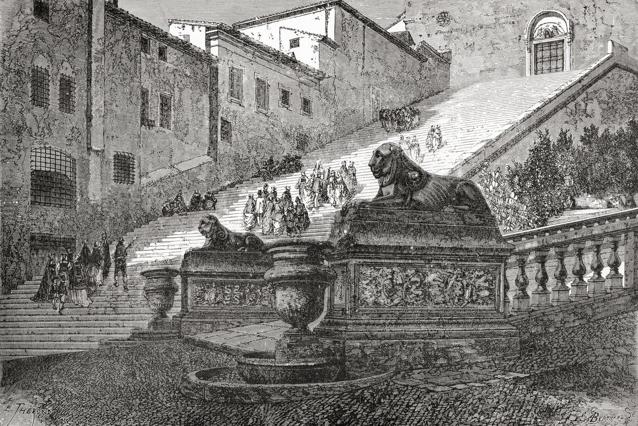 A Mennyei Oltáriszentség Mária-bazilikába vezető lépcsőház, Róma, Olaszország, 19. század vége. A Rev. Samuel Manning által 1890 körül kiadott Italian Pictures című műből. alkotó: Reverend Samuel Manning